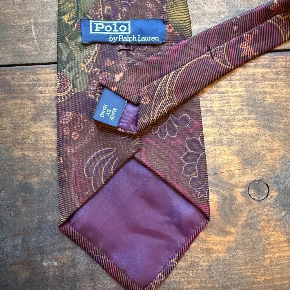 Polo Ralph Lauren Tie OS Fruit Paisley Silk Burgundy Green Gold USA RN41381